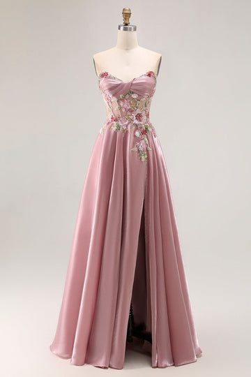 Sweetheart A Line Appliqued Grey Pink Long Prom Dress With Slit